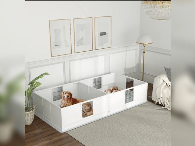 Lot 96-160370 - PawHut Two Rooms Design Dog Whelping Box with Washable Pee Pad, Adjustable Door, for Large Breed Dog...