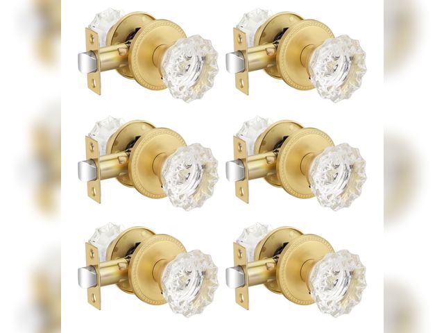 Lot 96-176579 - EHOMEWARE 6 Pack Glass Door Knobs, Crystal Door Handles Interior Gold, Bedroom Door Lock, Bathroom D...