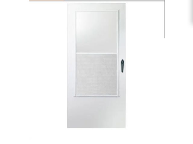 Lot 96-183683 - EMCO 32 in. x 80 in. White Universal 3/4 Light Vinyl Storm Door with Black Hardware New MSRP $154 du...