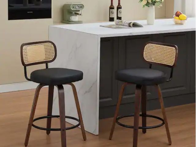 Lot 96-198224 - Black Modern Bar Stools Set of 2, Rattan Upholstered Bar Stools, Swivel Counter Stools for Island, K...