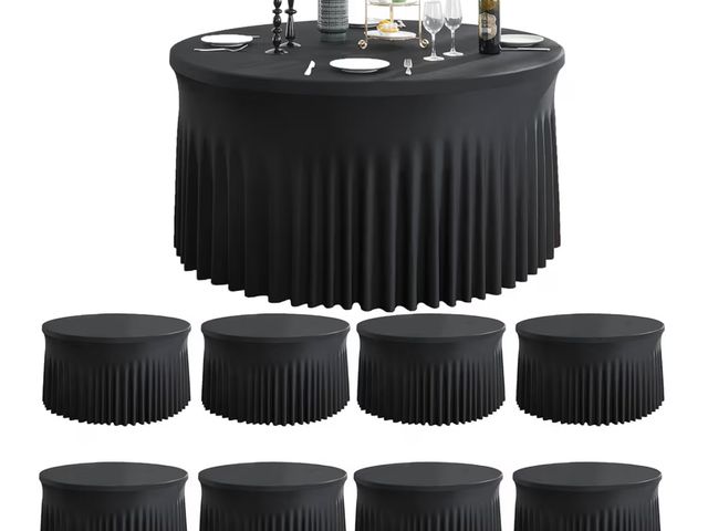 Lot 96-186648 - Pack Spandex Black Round Tablecloths for 72inch Table, Wrinkle Free 132inch Stretchy Fitted 6ft Roun...