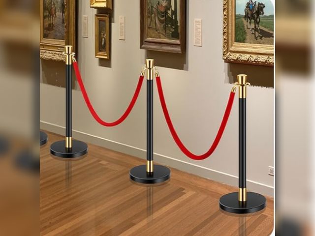 Lot 96-187425 - Stanchions and Velvet Ropes, Crowd Control Barriers with 2 Red Velvet Ropes, Stainless Steel Stanchi...
