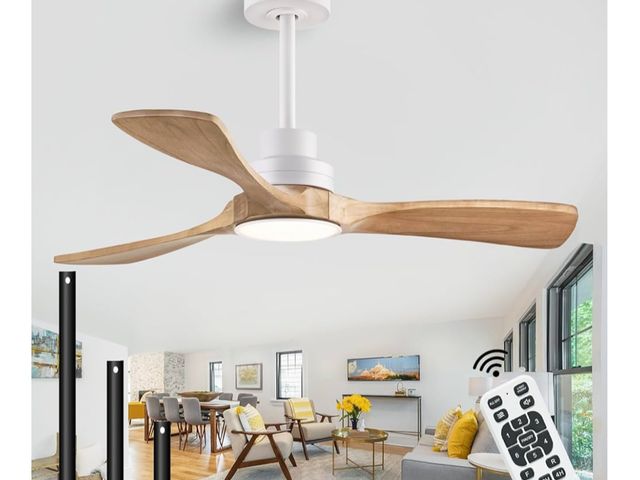 Lot 96-169743 - Solid Wood Fan Blades
with Remote Control, can be Used Indoors and Outdoors, Dimmer, Color Reduction...