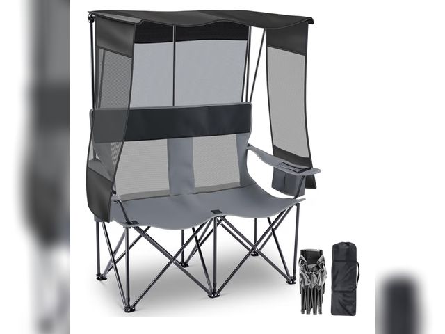 Lot 96-176980 - Double Camping Chair with Canopy Shade, 2 Person Folding Camping Loveseat with Cooler Cup Holder Bag...