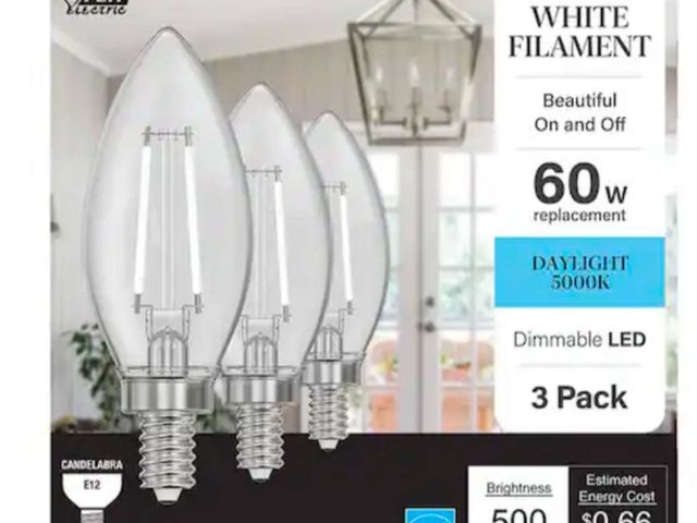 Lot 96-166490 - Feit Electric 60-Watt Equivalent B10 E12 Candelabra Dim White Filament Clear Glass Chandelier LED Li...
