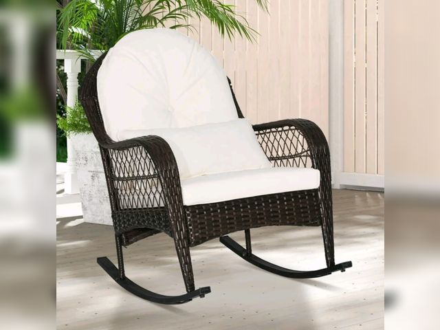 Lot 96-227558 - Costway Patio Wicker Rocking Chair W/Seat Back Cushions &amp; Lumbar Pillow Porch Off White
New 
Msr...