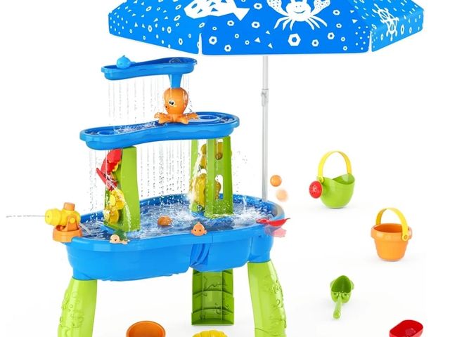 Lot 96-165791 - Water Table for Toddlers 3-5, 3-Tier Kids Splash Sand Table Water Toys with Umbrella, Rain Showers S...
