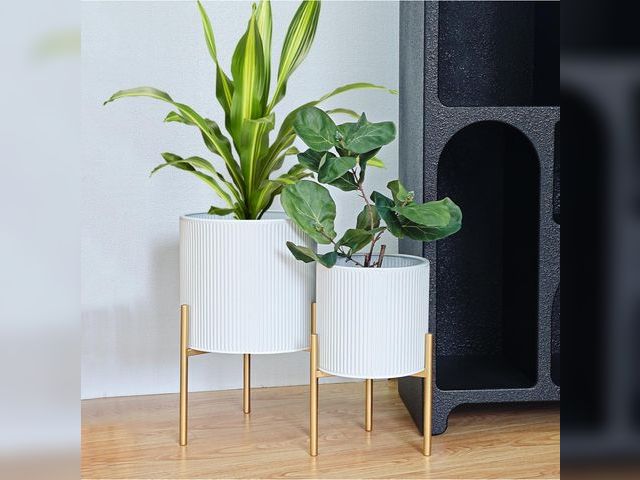 Lot 96-170501 - ARNIS Modern Planter Pots, Set of 2 Round Large Planters with Stand, Decorative Floor Planters, Meta...
