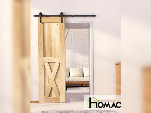 Lot 96-232743 - HOMACER 20 in. x 80 in. 5 in. 1 Design Unfinished Solid Natural Pine Wood Panel Interior Sliding Bar...
