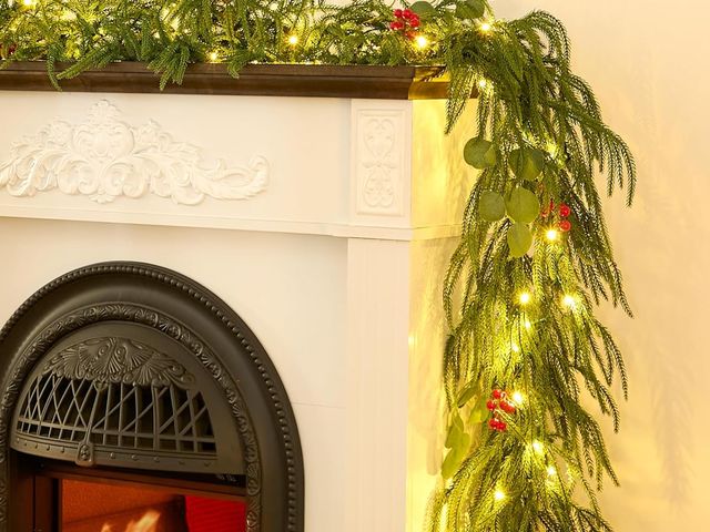 Lot 96-194963 - 12  9FT Christmas Garland with Lights, Battery Operated Garland with Red Berries and Eucalyptus Leav...