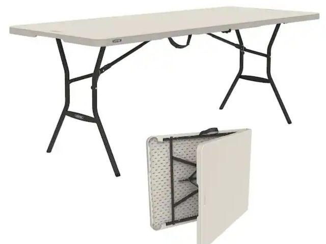 Lot 96-162158 - 72 in. L Rectangle Almond Resin Top Fold-in-Half Table with Bronze frame
New