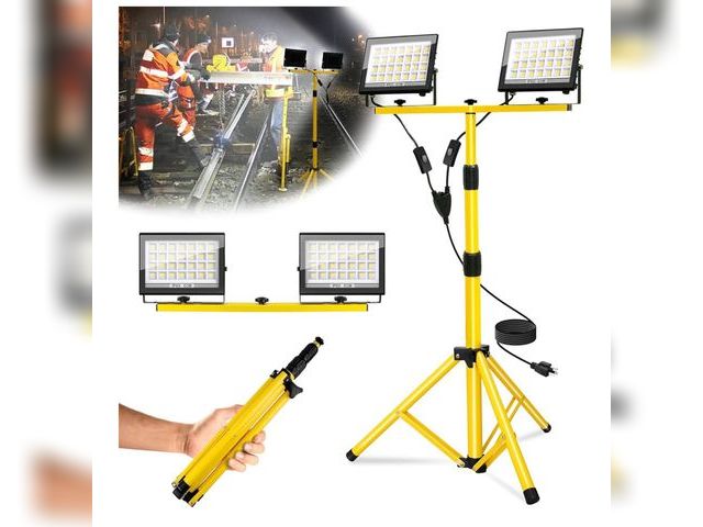 Lot 96-164372 - Work Lights with Stand, 2 Head LED Work Light with Adjustable and Foldable Tripod Stand, IP66 Waterp...