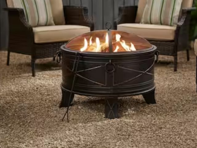 Lot 96-163665 - Hampton Bay Quadripod 28.20 in. W Antique Bronze Steel Wood Outdoor Fire Pit Damaged large Dent