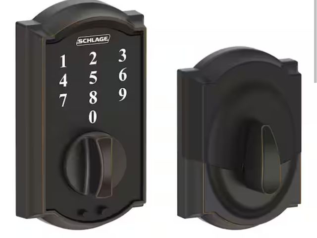 Lot 96-163013 - Schlage
Camelot Aged Bronze Electronic Touch Keyless Touchscreen Deadbolt with Thumbturn New MSRP $1...