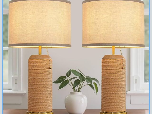 Lot 96-188765 - Modern Rattan Table Lamps Set of 2-22.4" Boho Nightstand Bedside Lamp for Bedroom Living Room Vintag...