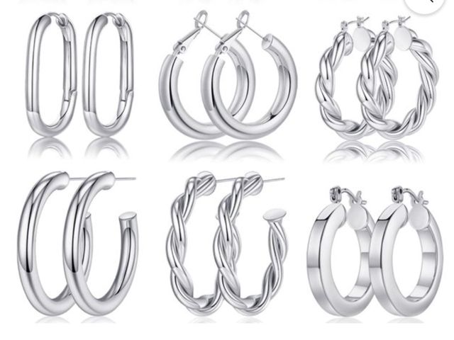 Lot 96-230547 - Turandoss 6 Pairs 14K White Gold Plated Chunky Twisted Huggie Hoop Earrings Set for Women Hypoallerg...