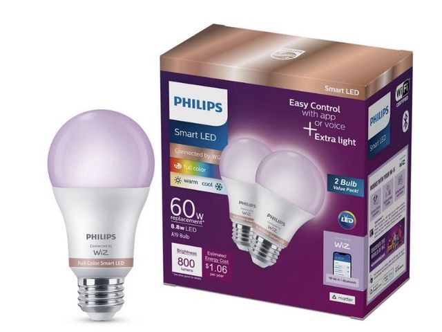 Lot 96-211944 - Philips Color and Tunable White A19 LED
60-Watt Equivalent Dimmable Smart Wi-Fi Wiz Connected Wirele...