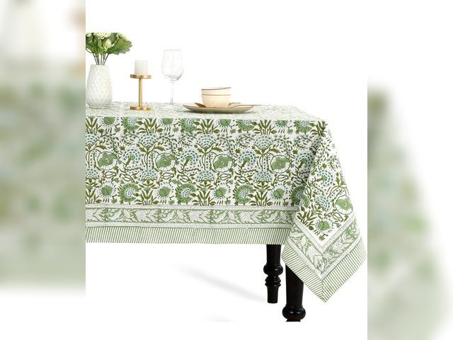Lot 96-190310 - CPC Tablecloth 100% Cotton 72x140 Inch Indian Block Print Rectangle Table Cover, Green Table Cloth f...