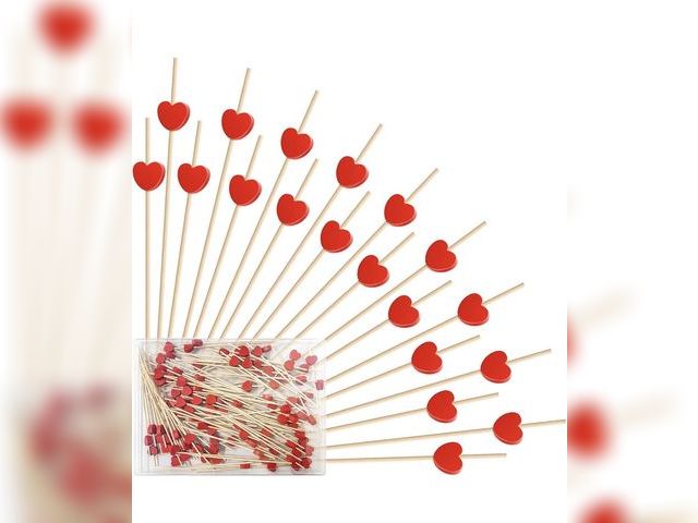 Lot 96-195073 - 5 pack of Valentine’s Day Toothpicks for Appetizers 100pcs, Bamboo Cocktail Picks with Heart Designs...