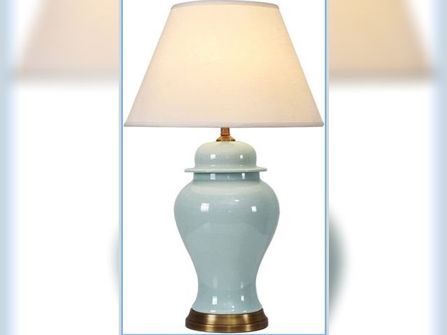 Lot 96-172523 - Blue Ceramic Table Lamp, Nordic Bedside Lamp Gold Metal Bracket Base with White Fabric Lampshadetabl...