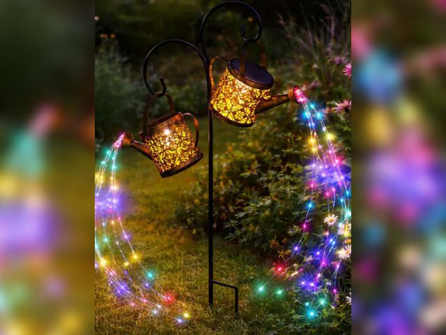 Lot 96-230829 - Outdoor Metal Color Changing Solar Watering Can Lights with Garden Torch, IP65 Waterproof Hanging La...
