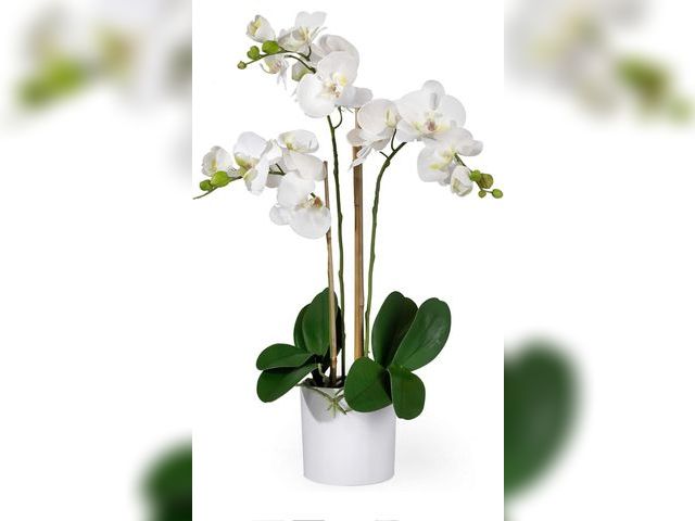 Lot 96-191181 - 3 White Realistic Phalaenopsis Orchids in Pot, Artificial Potted Flowers - Beautiful Entryway Vase, ...