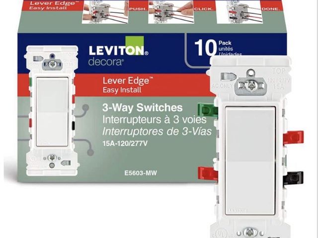 Lot 96-180238 - Leviton Decora Lever Edge 15 Amp 120/277 Volt 3-Way Switch, White (10-Pack) E5603-MW
New