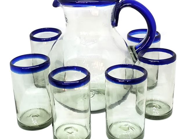 Lot 96-180951 - Cobalt Blue Rim 120 oz Pitcher and 6 Drinking Glasses set, Recycled Glass, Lead-free, Toxin-Free (Pi...