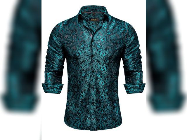 Lot 96-171052 - DiBanGu Mens Silk Paisley Dress Shirts,Long Sleeve Button Down Shirt Casual Regular Fit Shirt for Me...