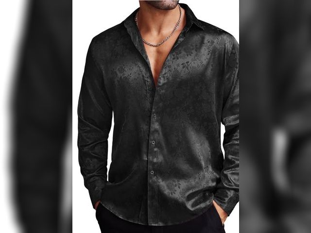 Lot 96-180148 - COOFANDY Men's Silk Satin Dress Shirts Jacquard Long Sleeve Button Up Shirts Party Prom Wedding Shir...