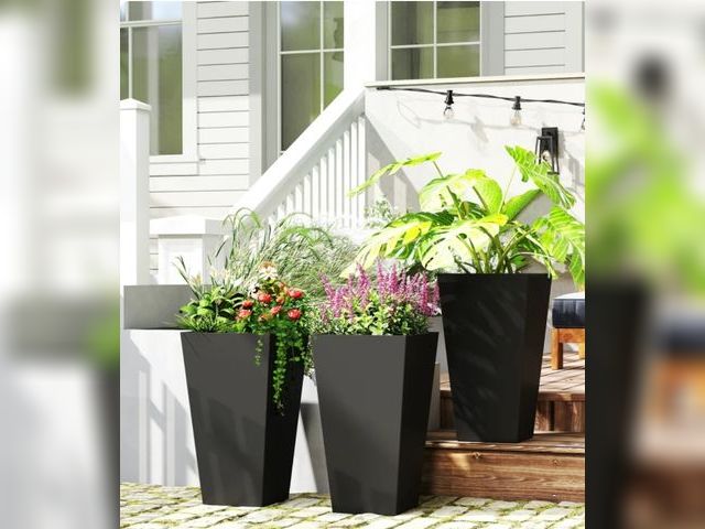 Lot 96-160371 - Outsunny Tall Planters for Outdoor Plants Set of 3, 28 In Taper Planters with Drainage Holes, Indoor...