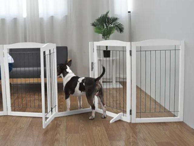 Lot 96-165691 - ZJSF Free Standing Panel Dog Gate with Door for Indoor,Doorways,House,Hallways,or Stairs - Freestand...