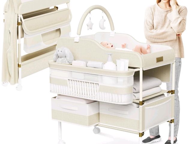 Lot 96-166834 - Portable Baby Changing Table Foldable Large Storage Rack Wheels || Cream &amp; Gold Used untested