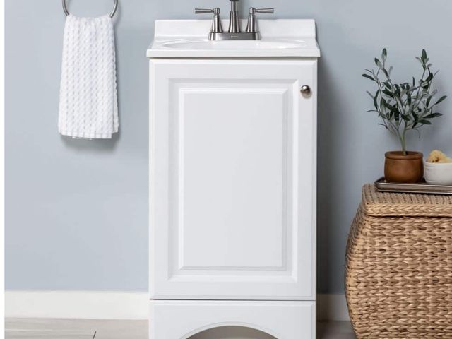 Lot 96-188909 - Glacier Bay 19 in. Single Sink White Bath Vanity with White Cultured Marble Top (Assembled) MSRP $13...