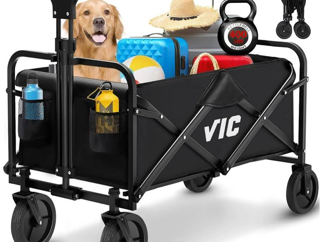 Lot 96-190656 - VIC Collapsible Folding Wagon, Beach Wagon Cart Heavy Duty 350LBs Foldable, Utility Grocery Wagon wi...