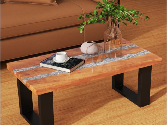 Lot 96-192222 - Costway Teak Wood Coffee Table with River Epoxy Tabletop 
New 
Msrp $300.99