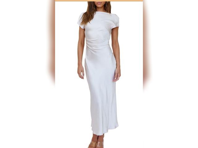 Lot 96-190940 - 2025 Satin Cap Sleeve Cowl Back Summer Dresses for Women Elegant Ruched Waist Wedding Guest Midi Dre...