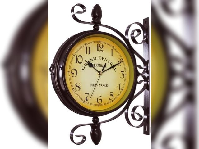 Lot 96-177950 - Wrought Iron Antique-Look Brown Round Wall Hanging Double Sided Two Faces Retro Station Clock Round ...