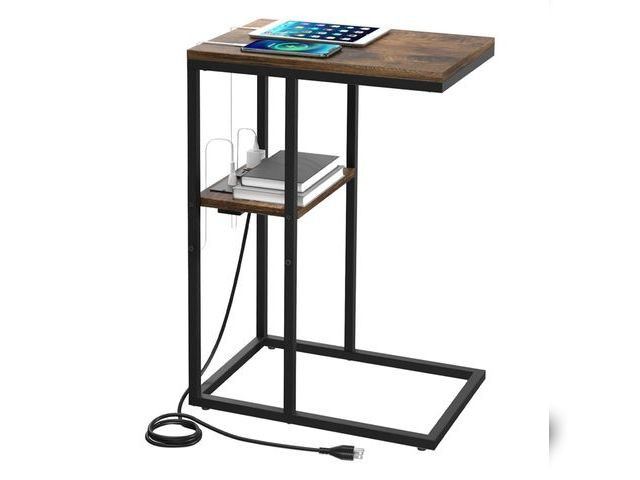 Lot 96-170564 - C Shaped End Table with Charging Station for Living Room, Bedroom, Sofa Table with USB Ports and Out...