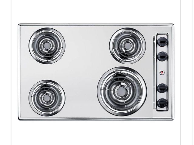 Lot 96-162501 - Summit Appliance 30 in. Coil Top Electric Cooktop in Chrome with 4
Elements MSRP $378 New