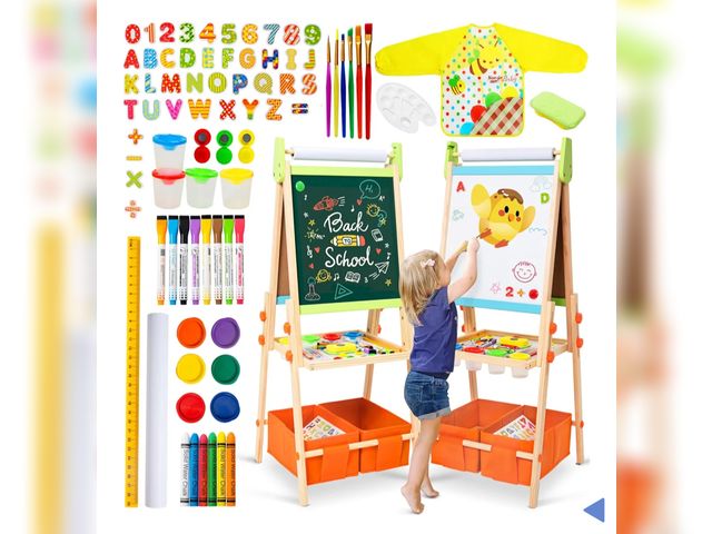 Lot 96-164214 - Kids Easel Including 100+ Accessories, Rundad Double Sided Wooden Easel for Kids Age 3-8 with Magnet...