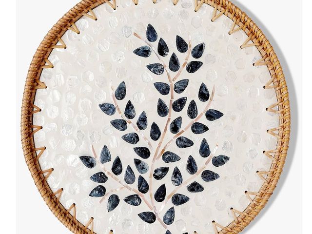 Lot 96-175608 - Round Rattan Tray with Mother of Pearl Inlay &amp; Wooden Base - Decorative Wicker Serving Tray for ...