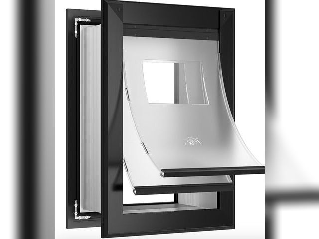 Lot 96-164013 - Large Dog Door for Wall, Heavy Duty Dog Door with Aluminum Frame and Telescoping Tunnel, Two Magneti...