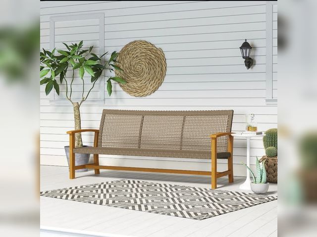 Lot 96-160359 - Outsunny 3-Seat Wicker Outdoor Couch Patio Sofa, Acacia Wood Patio Furniture with Steel Seat Armrest...