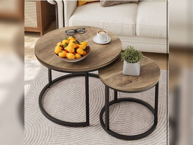 Lot 96-166145 - Smuxee Nesting Coffee Table Set of 2, 23.6" Round Coffee Table Wood Grain Top with Adjustable Non-Sl...