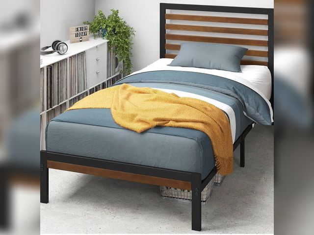 Lot 96-181364 - ZINUS Kai Platform Bed Frame, Bamboo and Metal, Twin, Brown
with Headboard, No Box Spring Needed, Ea...