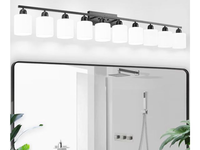 Lot 96-190210 - 10 Light Black Vanity Lights for Giant Mirror, Bathroom Vanity Lights Over Mirror with Milky White F...