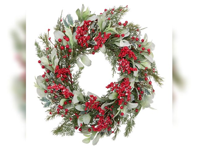 Lot 96-190289 - 20 Inch Artificial Christmas Wreath with Lambs Ear Leaves, Artificial Snow and Red Berries, Pine Nee...