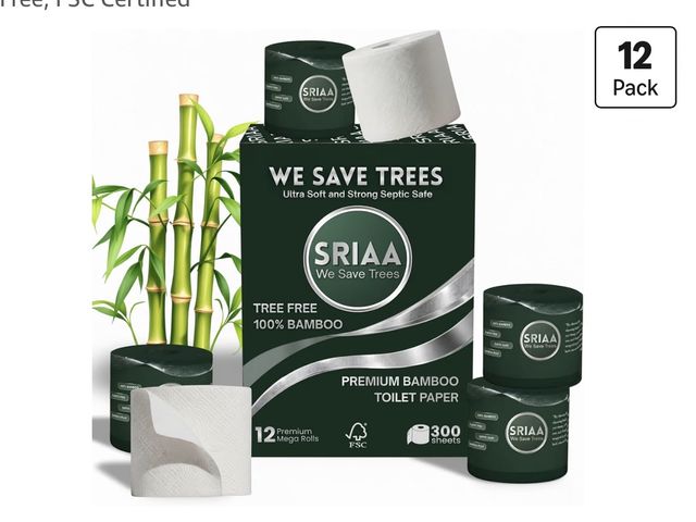 Lot 96-230590 - Premium Organic 100% Bamboo Tree-Free Toilet Paper, 12 Mega Rolls, 3-Ply, 300 Sheets per Roll,Septic...