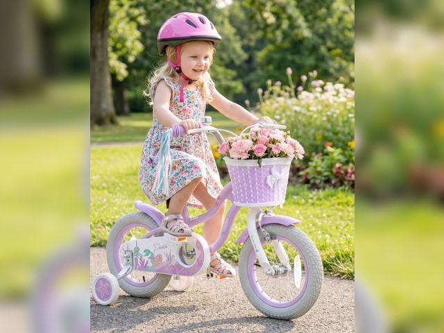 Lot 96-227579 - Olakids Adjustable Girl's Bike with Optional Training Wheels and Basket - 12" w
Wheels - Purple Merm...